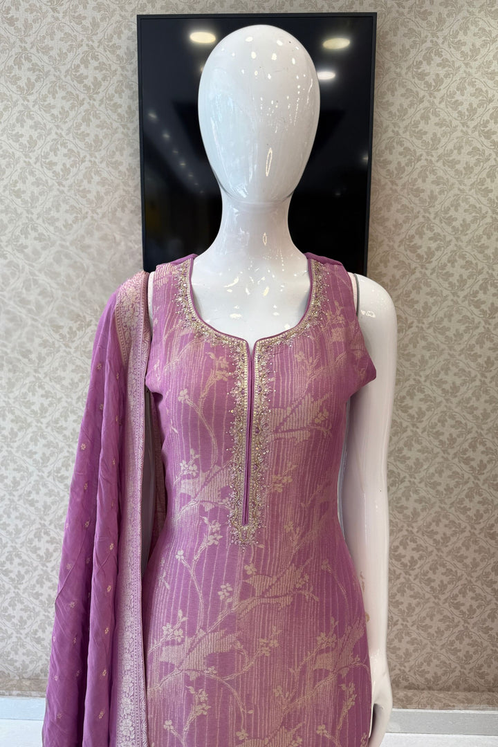 Lavender Banaras, Beads, Zardozi, Stone and Mirror work Straight Cut Salwar Suit