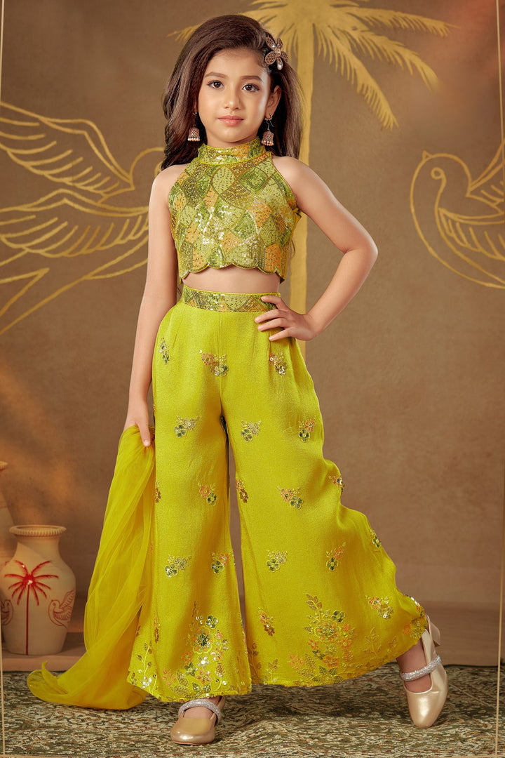 Lemon Green Sequins and Multicolor Thread work Palazzo Suit Set for Girls