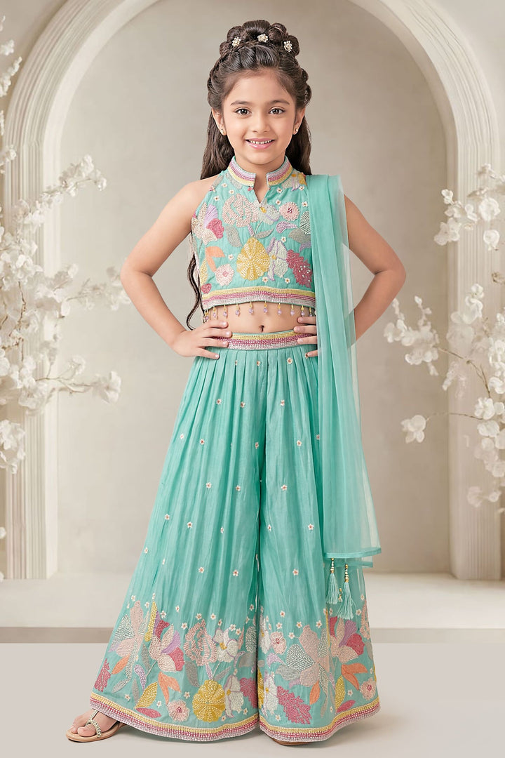Sea Green Floral Embroidered Lehenga Set with Matching Dupatta for Girls