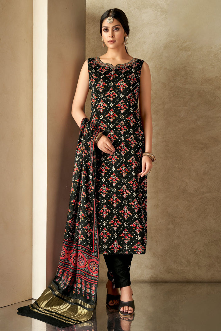 Black Beads, Mirror, Zardozi and Stone work with Multicolor Digital Print Straight Cut Salwar Suit