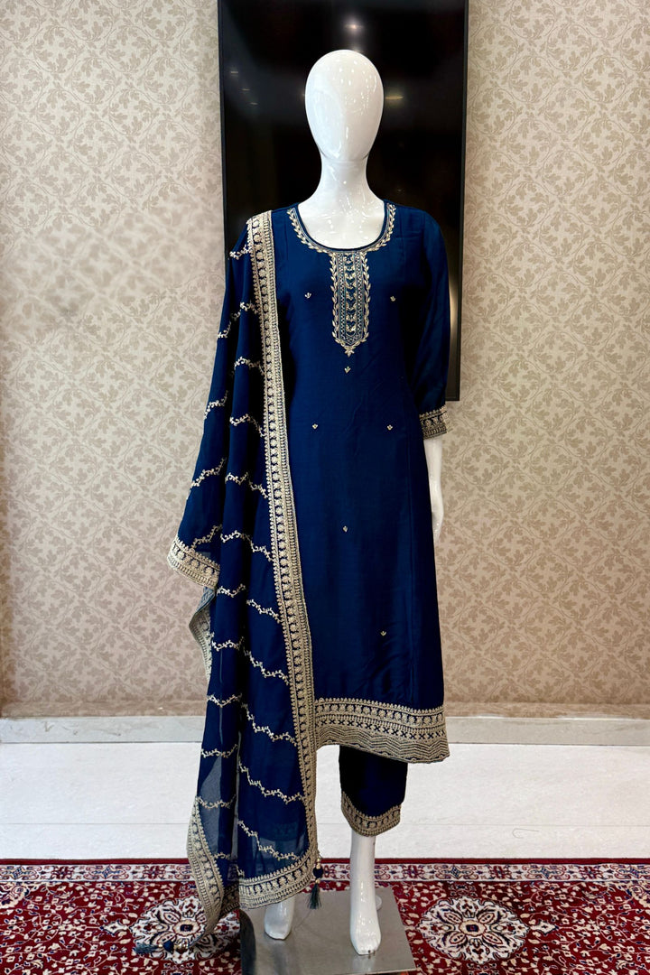 Peacock Blue Zardozi, Beads, Sequins, Thread and Zari work Aline Cut Salwar Suit