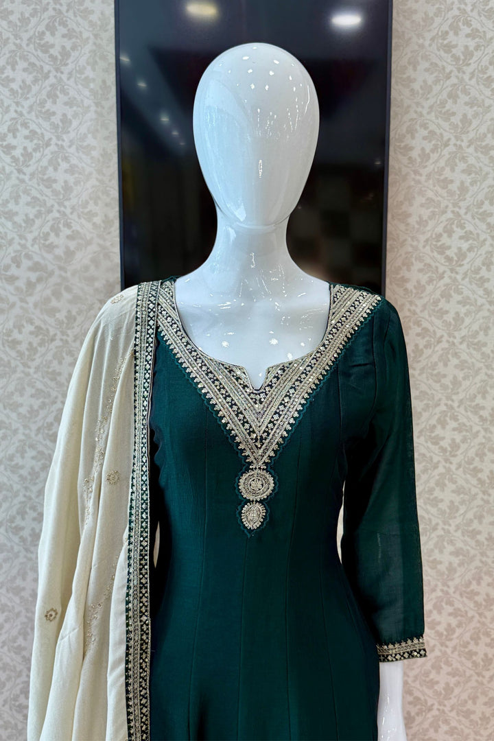 Bottle Green Sequins and Zari work A-line Cut Salwar Suit