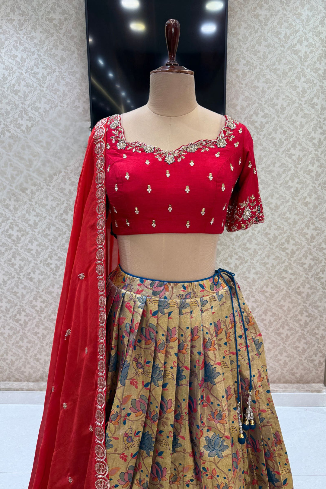 Designer Floral Banarasi Lehenga Set in Rani Pink and Gold