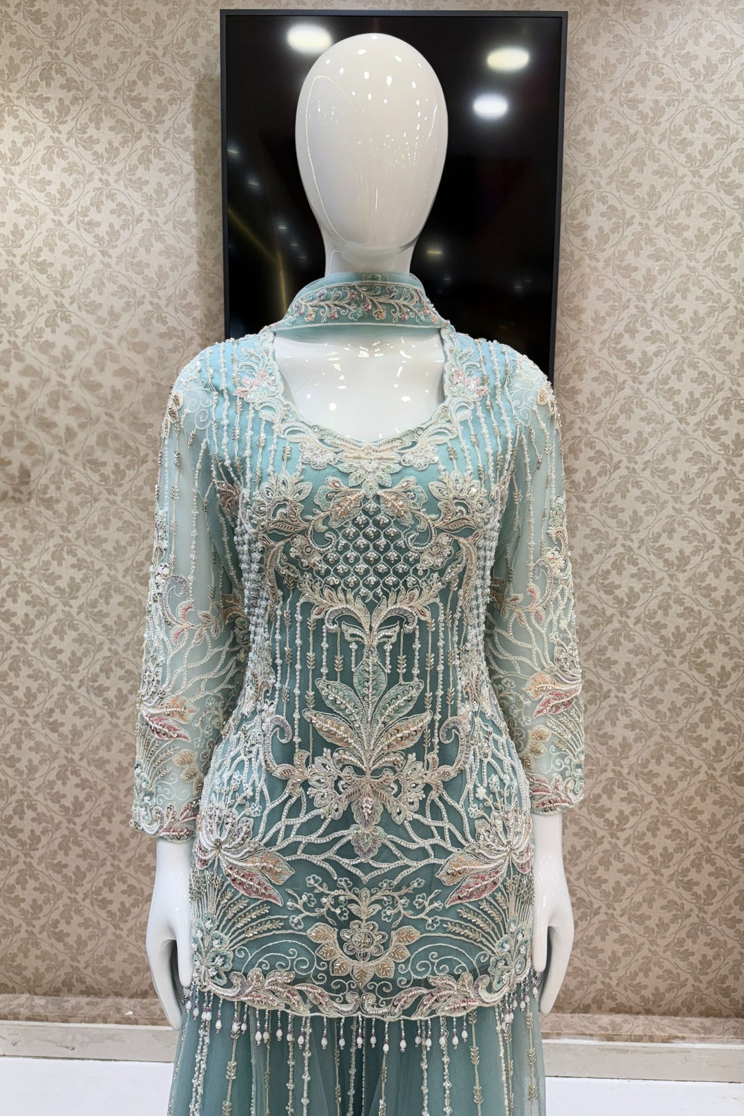 Sea Green Beads, Multicolor Embroidery and Sequins work Palazzo Suit Set