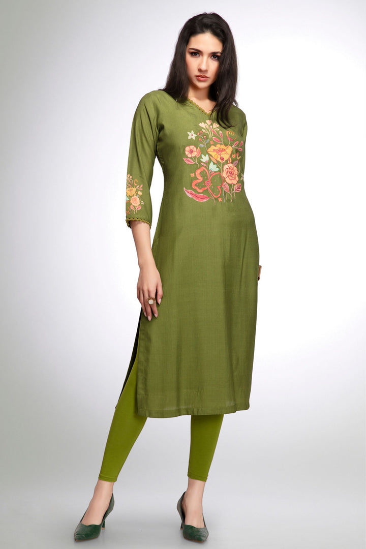 Green Zari and Thread work with Floral Print Calf Length Kurti