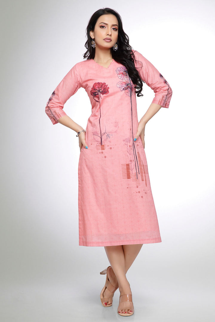 Peach Thread work with Printed Calf Length Kurti