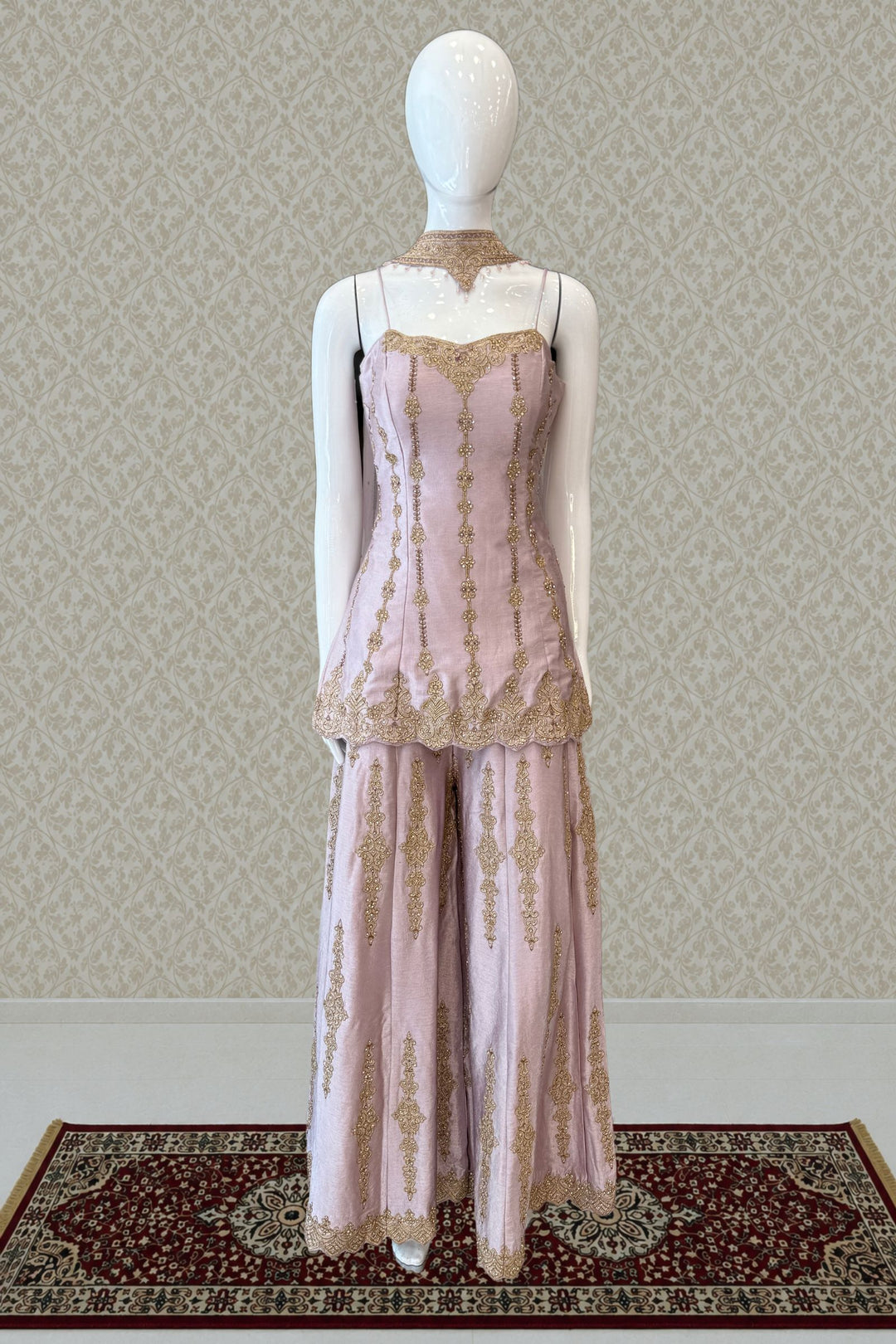 Lilac Palazzo Salwar Suit with Stone, Zari, Thread and Pearl Detailing