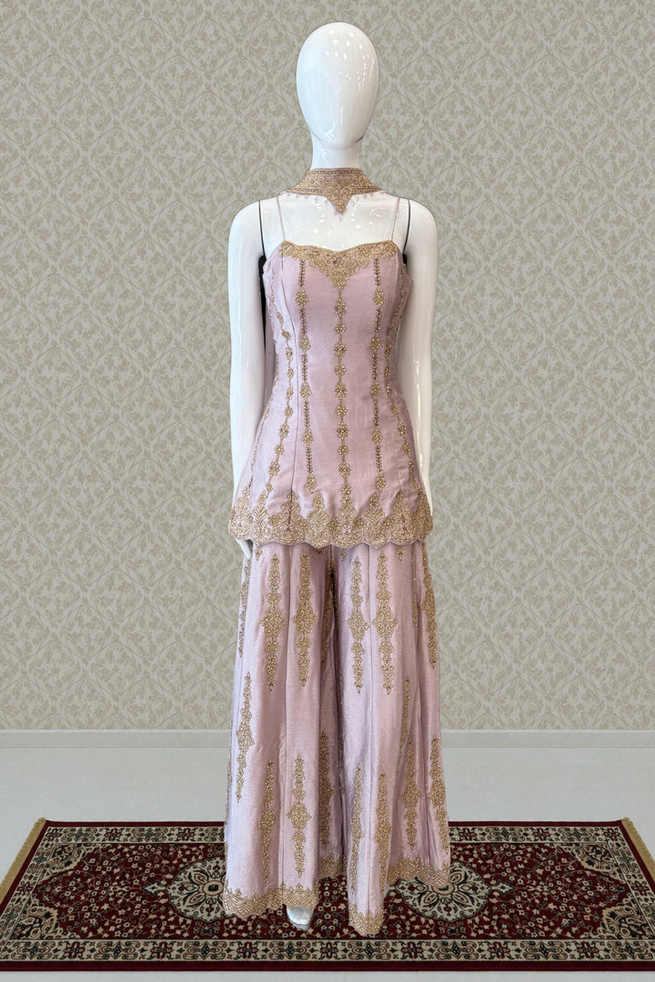 Lilac Palazzo Salwar Suit with Stone, Zari, Thread and Pearl Detailing