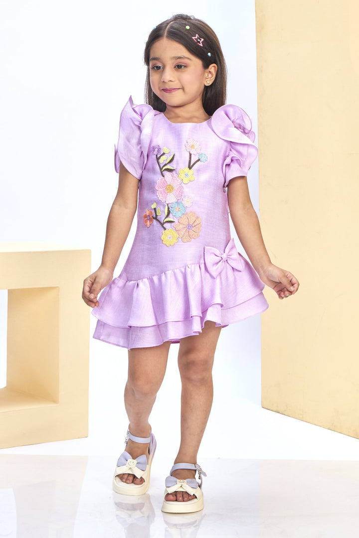 Lavender Thread work Short Frock for Girls