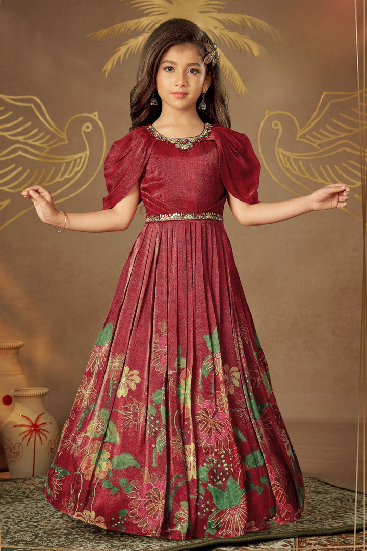 Maroon Mirror, Stone and Thread work with Digital Print Long Party Gown for Girls
