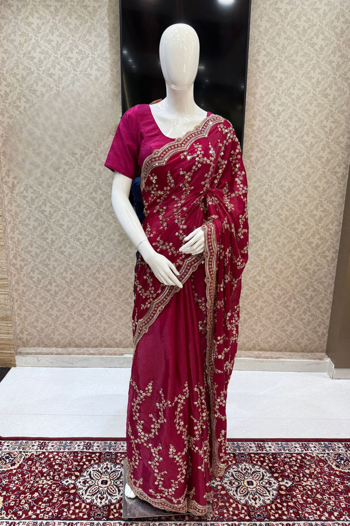 Magenta Beads, Zari and Sequins work Saree