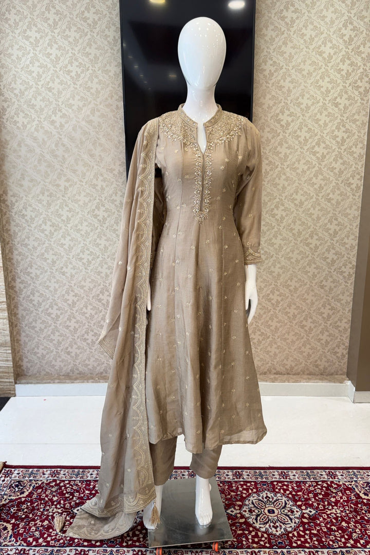 Beige Zari, Zardozi, Sequins and Stone work A-line Cut Salwar Suit