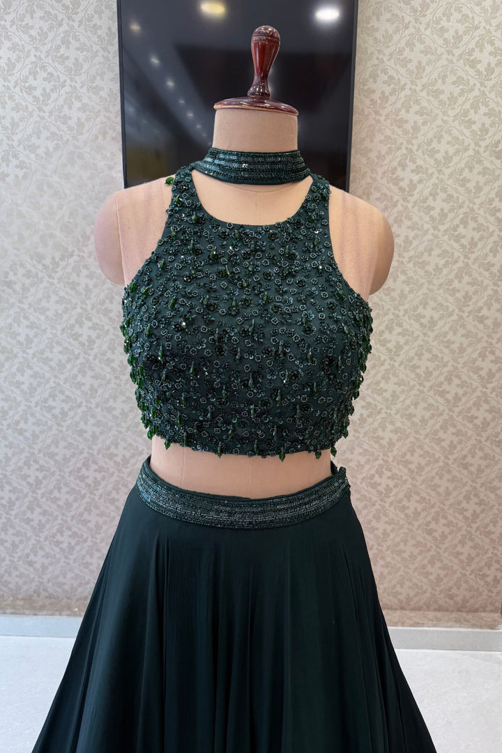Bottle Green Beads and Sequins work Crop Top Lehenga