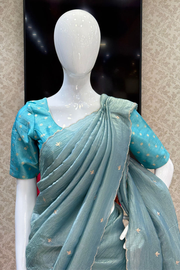 Sea Green Shimmer Tissue Saree with Scalloped Zari Border