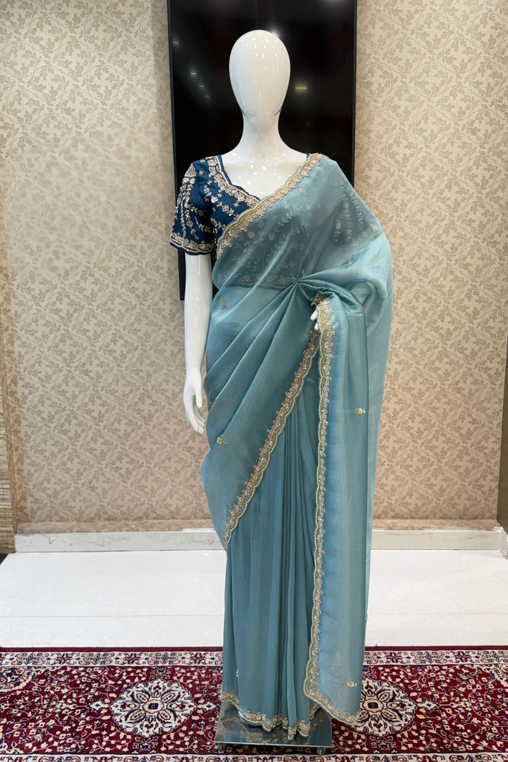 Firozi Blue Beads, Sequins, Zari and Pearls work Saree
