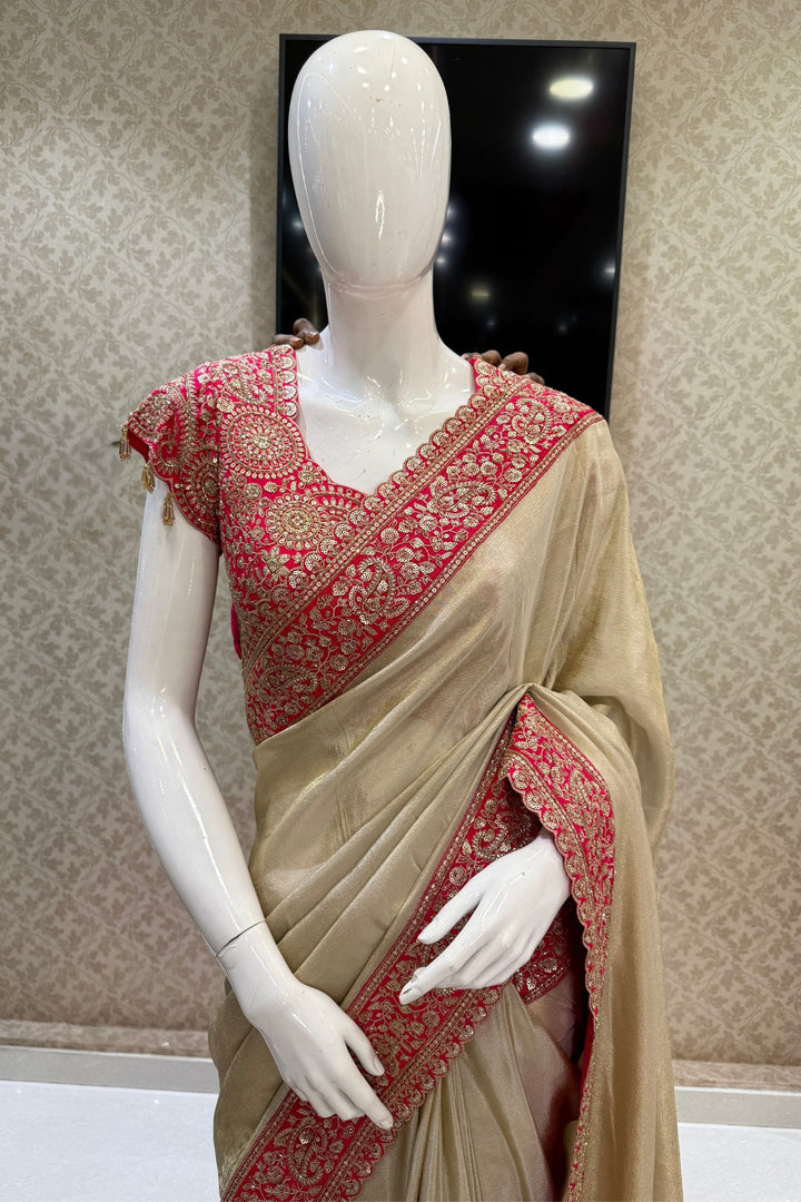 Chiku with Pink Saree with Sequins, Beads and Thread Embellishments