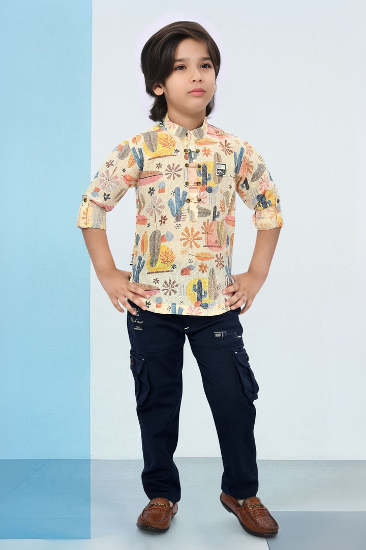 Cream with Multicolor Digital Print Casual wear Shirt and Blue Pant Set for Boys