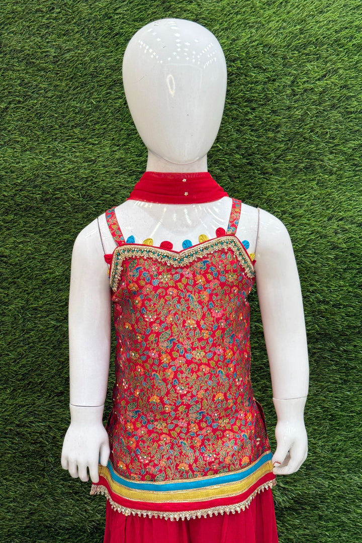 Red Zari, Stone and Zardozi work with Digital Print Palazzo Suit Set for Girls