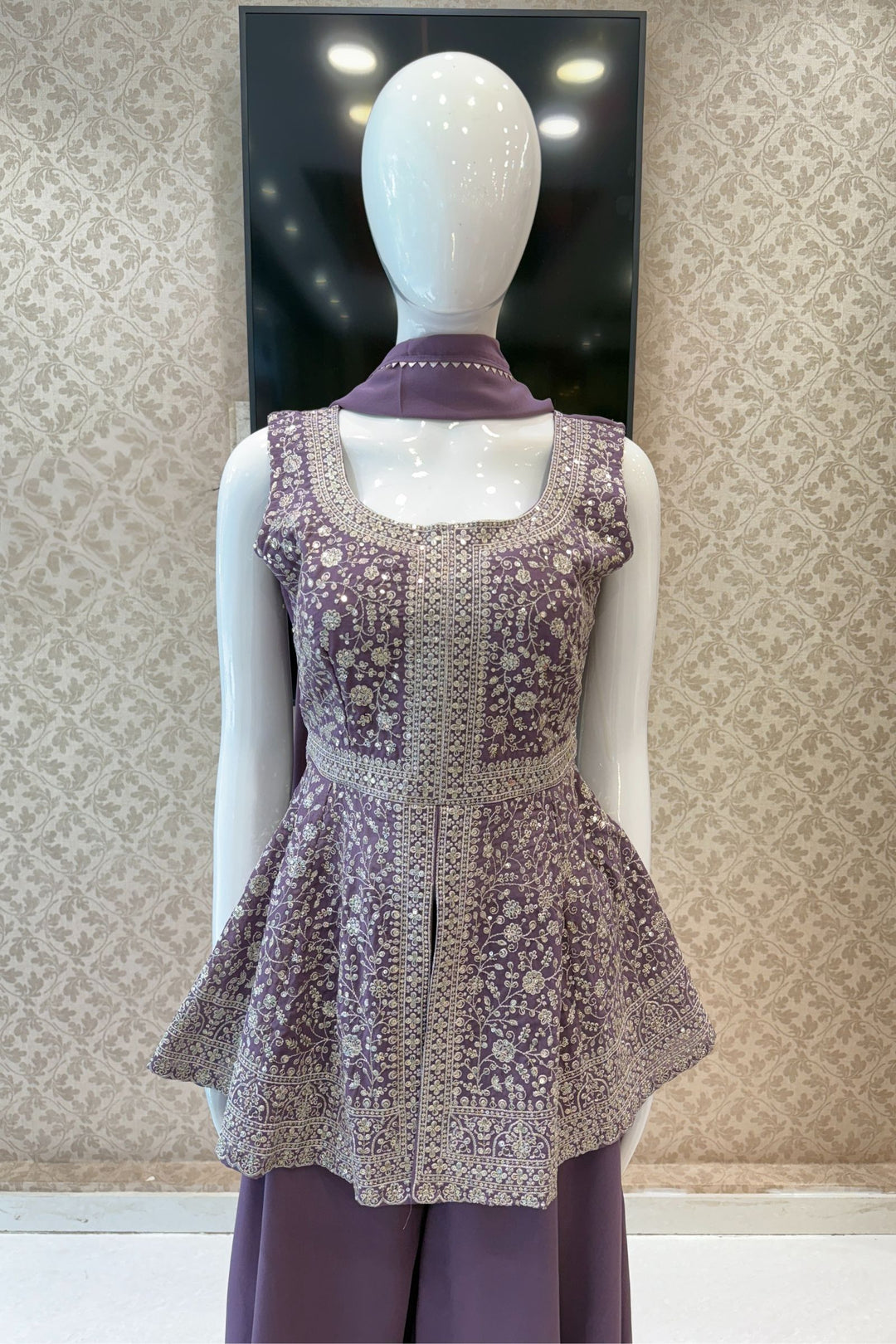 Lilac Sequins and Zari work Peplum Top with Palazzo Suit Set