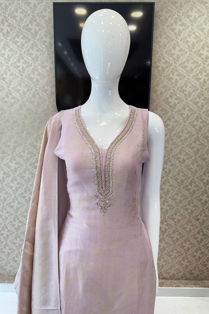Light Lavender Banaras, Beads, Zardozi, Stone and Mirror work Straight Cut Salwar Suit