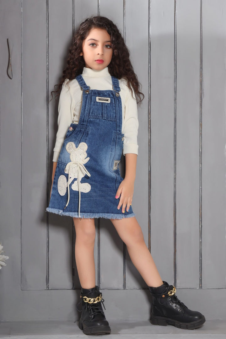 Denim Blue Dungaree with Cream Top for Girls