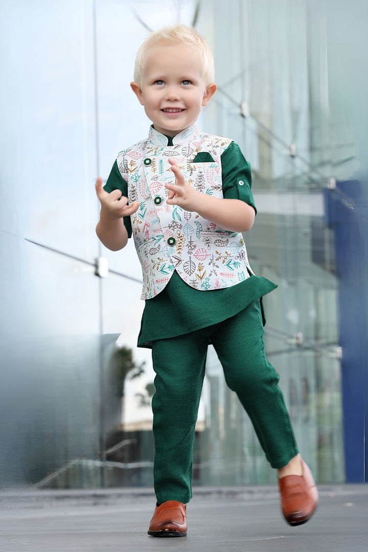 White with Green Printed Waist Coat and Set for Boys