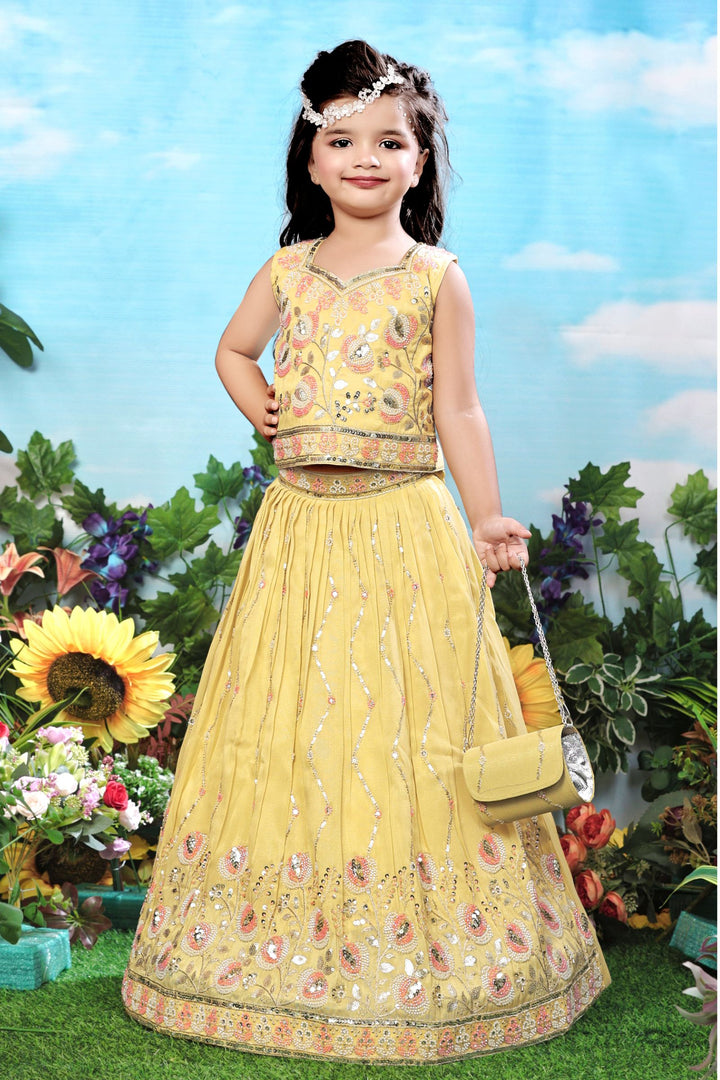 Yellow Beads, Zari and Sequins work Lehenga Choli for Girls with Bag