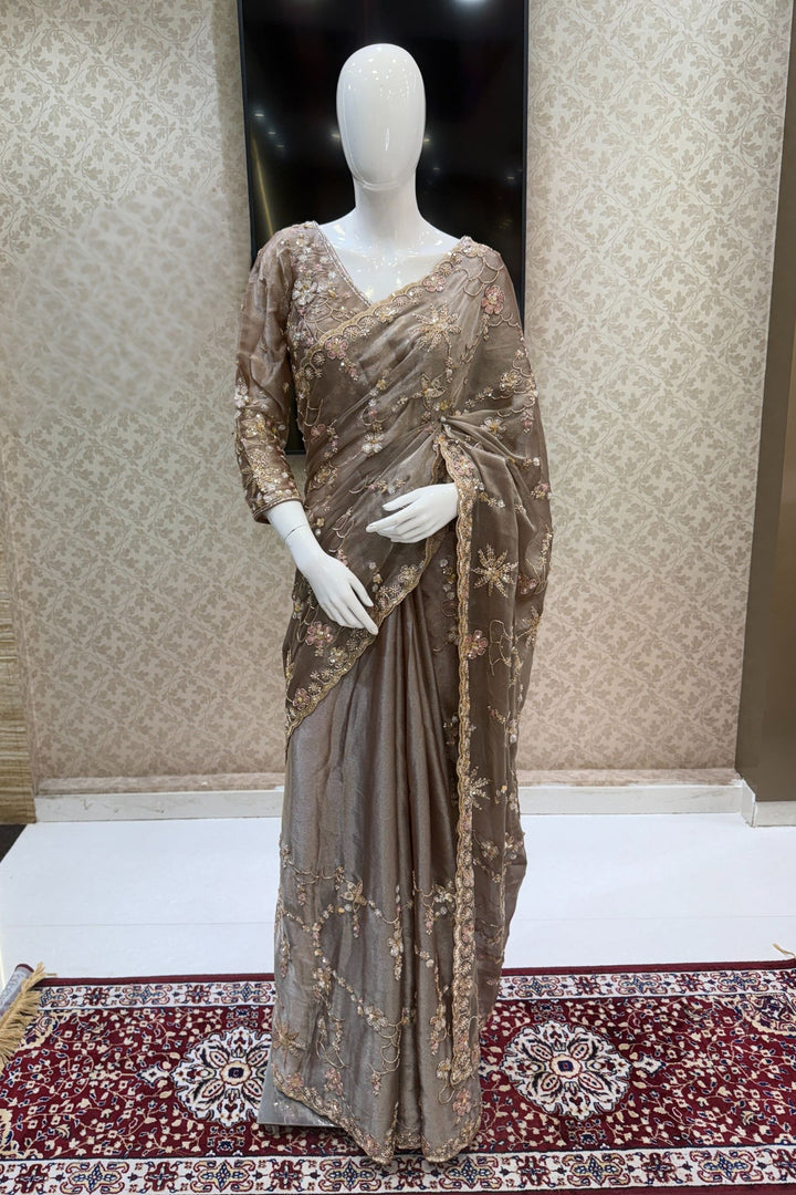 Copper Sequins, Beads, Zari and Pearls work Saree
