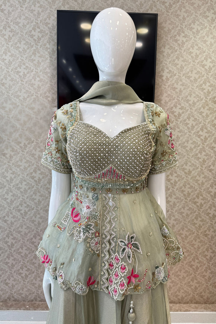 Sea Green Beads, Zardozi, Sequins and Multicolor Thread work Peplum Style Lehenga