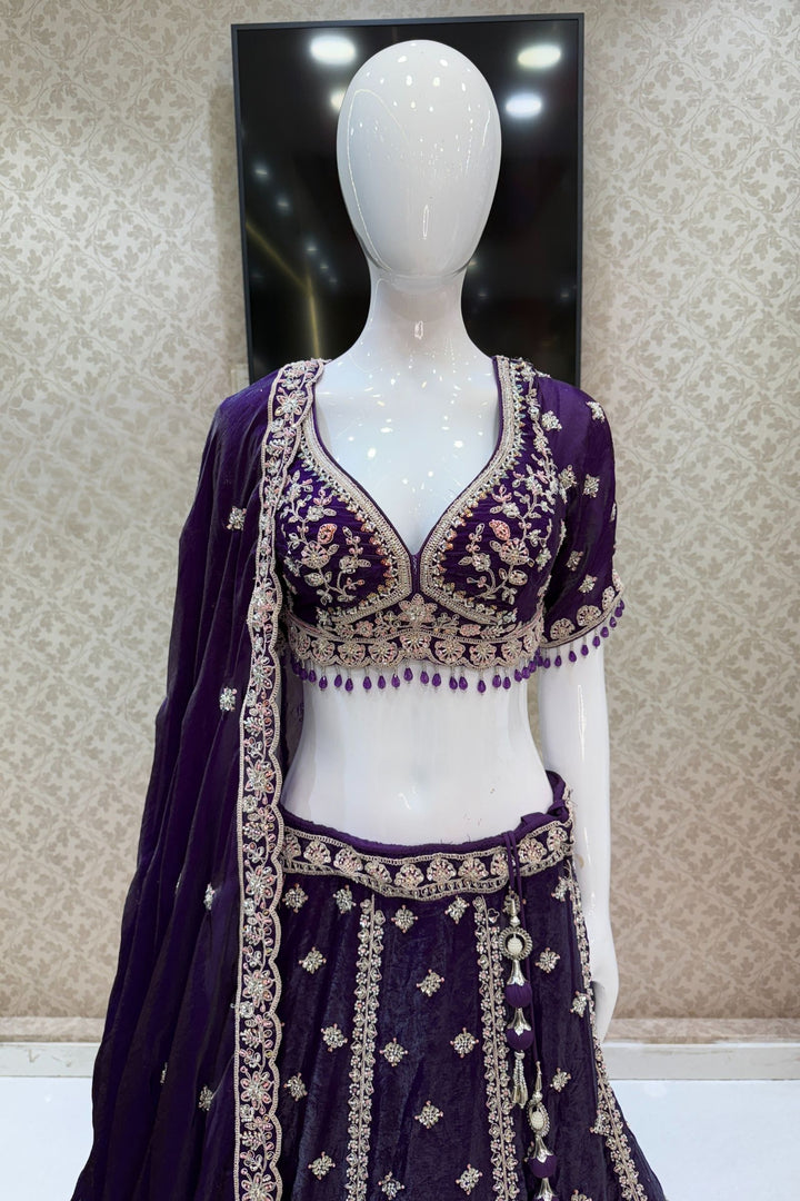 Purple Beads, Zari, Thread and Sequins work Crop Top Bridal Lehenga