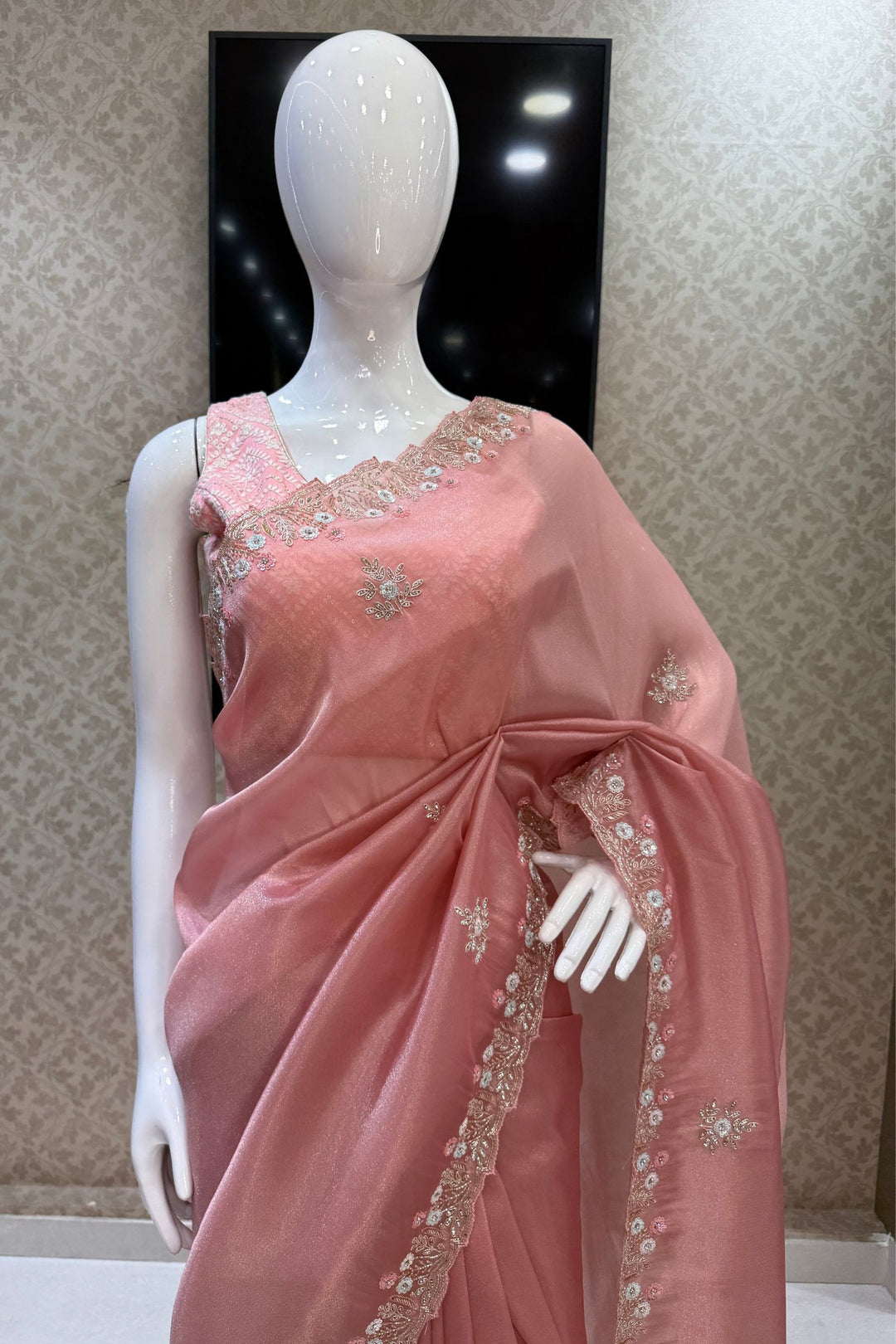 Peach Stone, Sequins, Zardozi and Beads work Saree