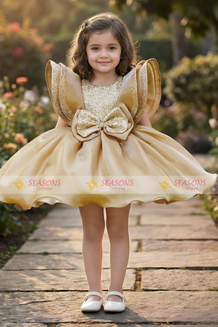 Gold Sequins work Short Partywear Frock for Girls