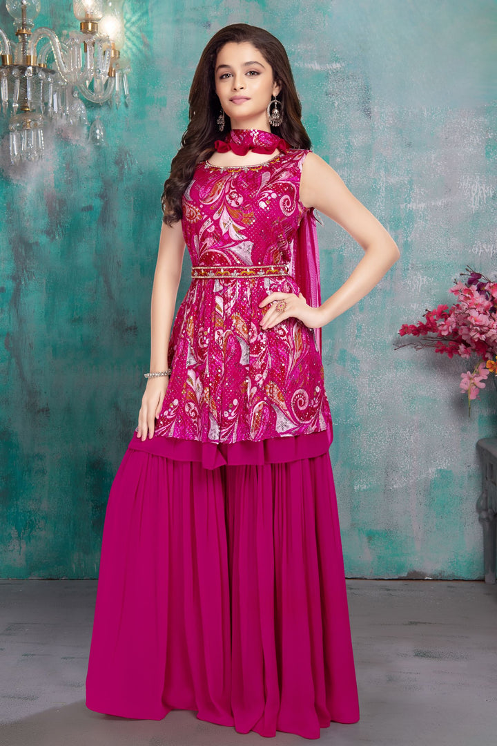 Rani Pink Sequins and Thread work with Digital Print Peplum Top and Sharara Set for Girls