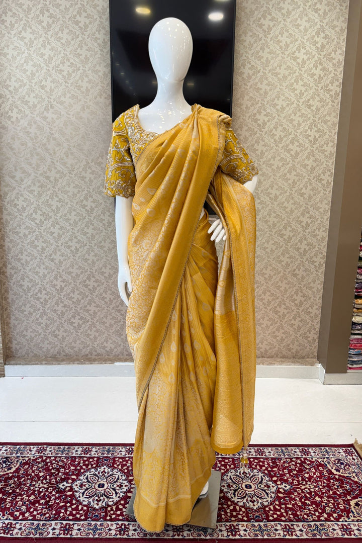 Yellow Zari work Saree with Pearl, Zardozi, Beads and Sequins work Readymade Blouse