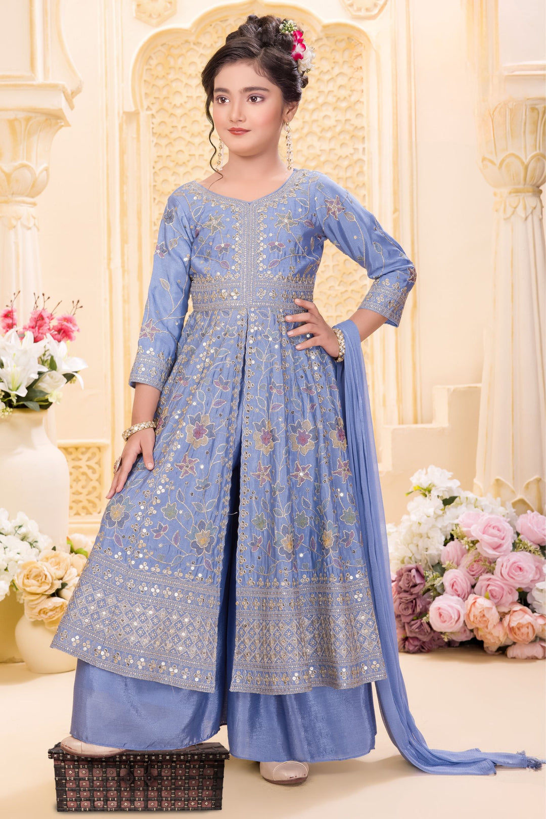 Blue Zari, Sequins and Multicolor Thread work Palazzo Suit Set for Girls