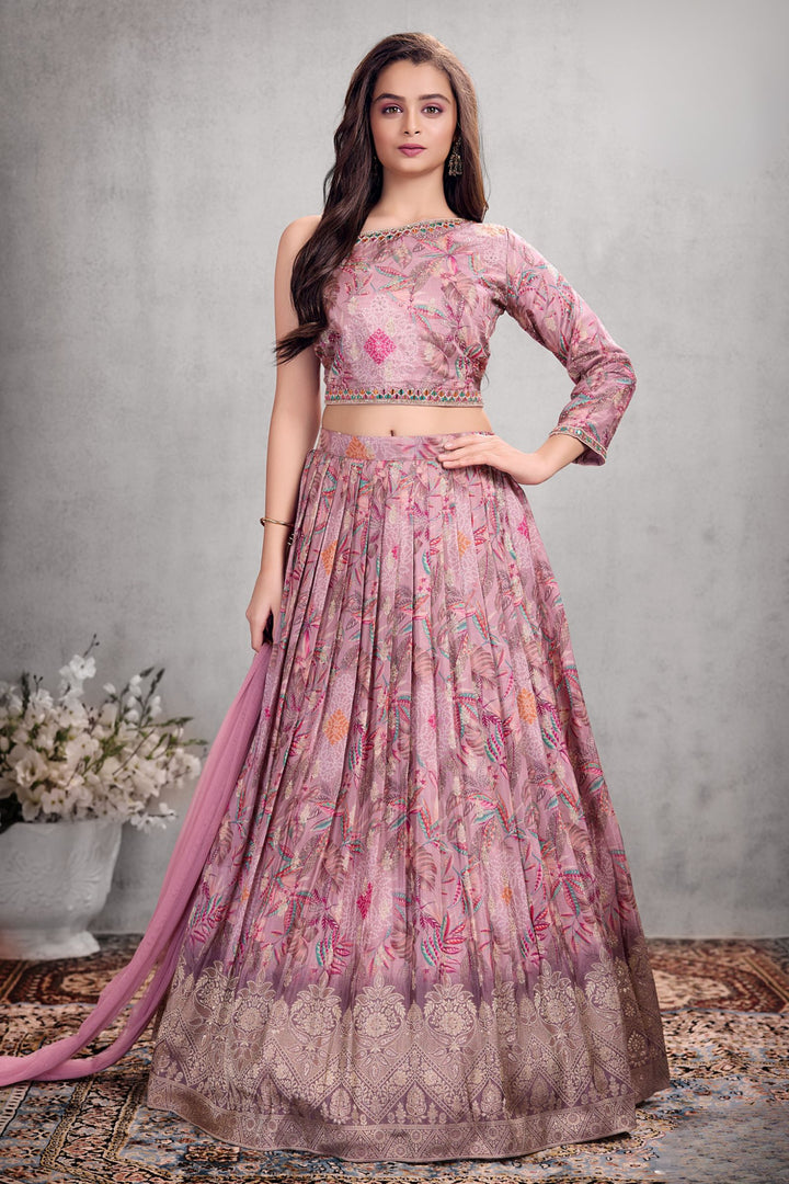 Lilac Mirror, Sequins and Zari work with Multicolor Digital Print Lehenga Choli for Girls