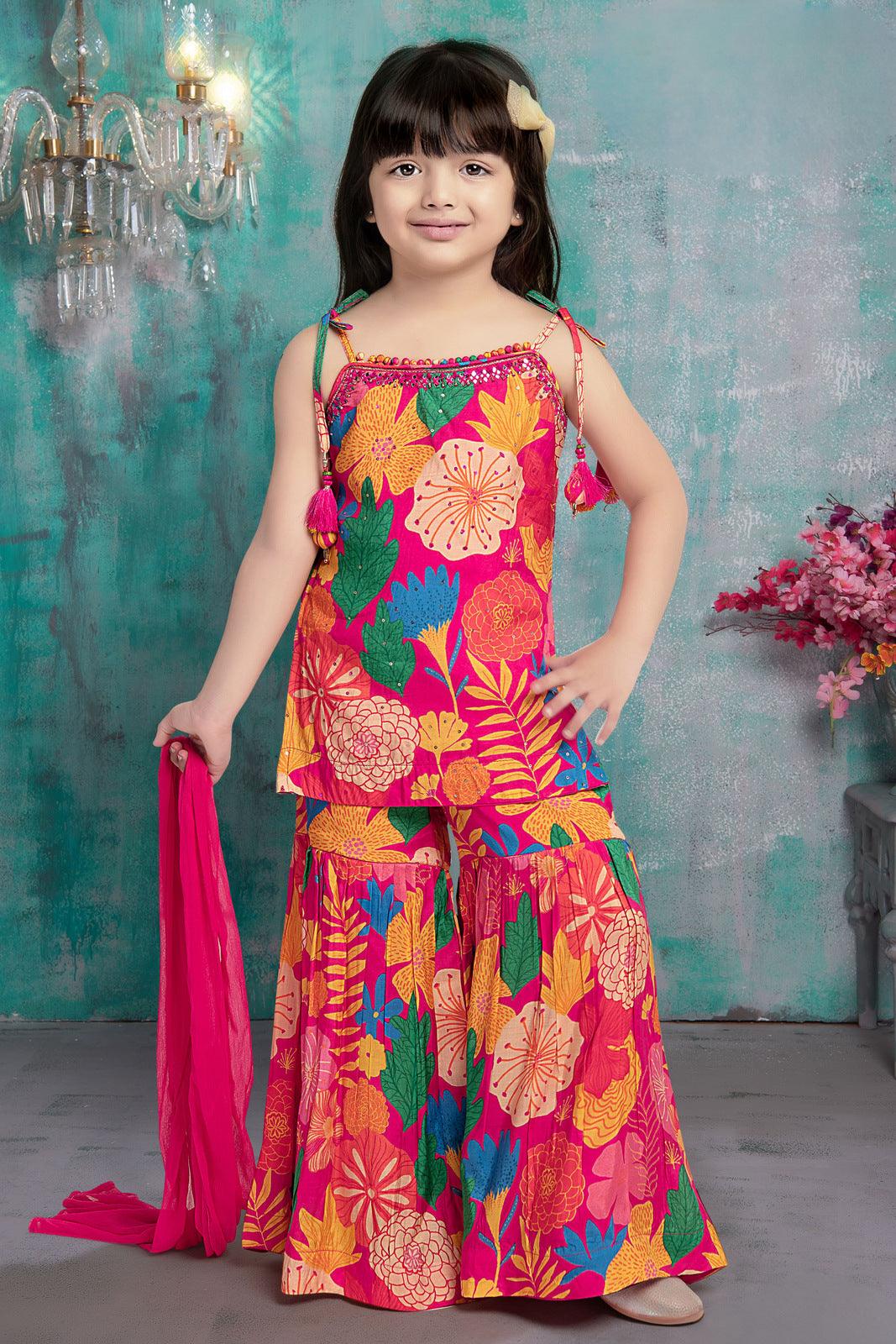 Pink with Multicolor Digital Print, Mirror and Sequins work for Girls Sharara Suit Set - Seasons Chennai