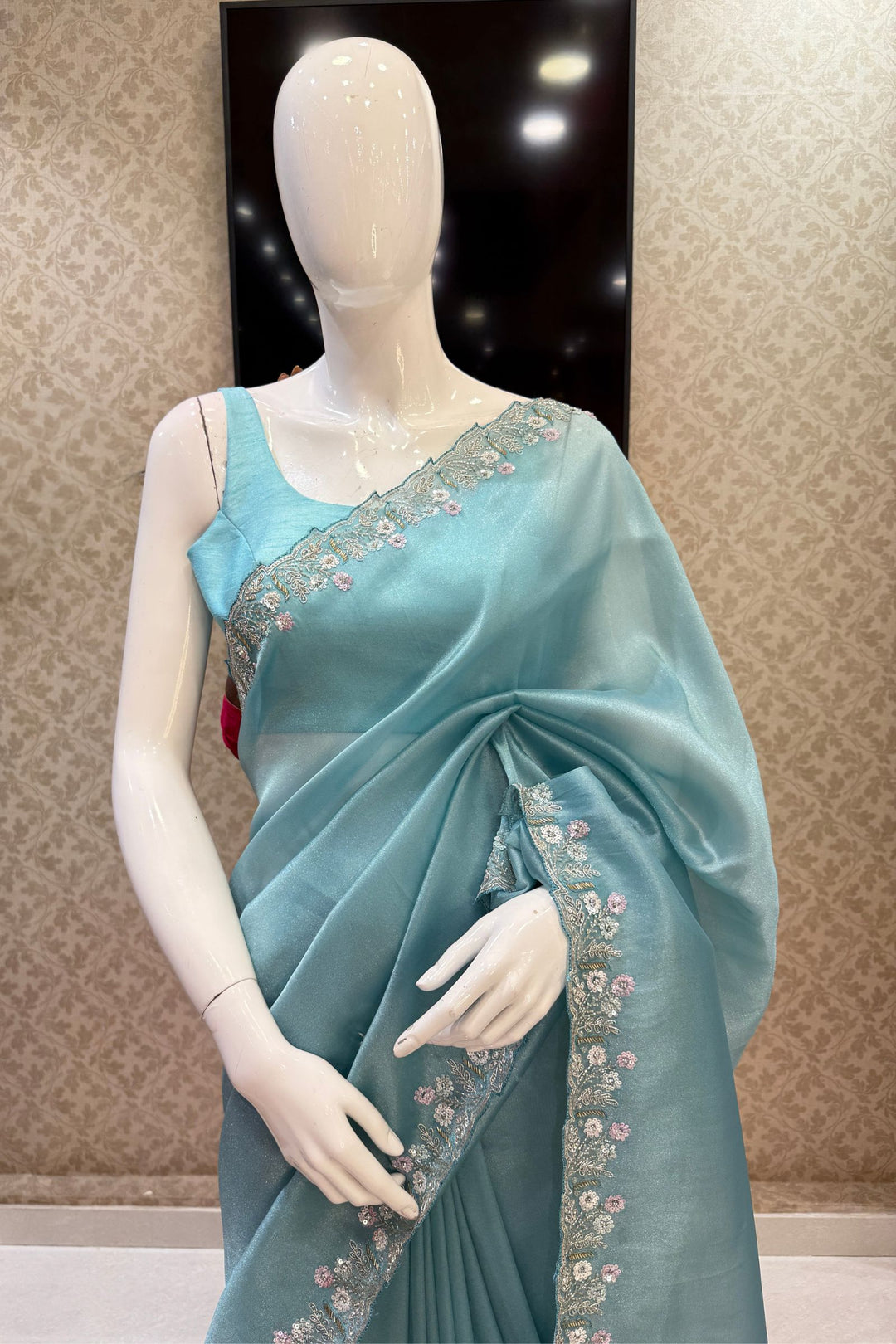 Sky Blue Stone, Sequins, Zardozi and Beads work Saree