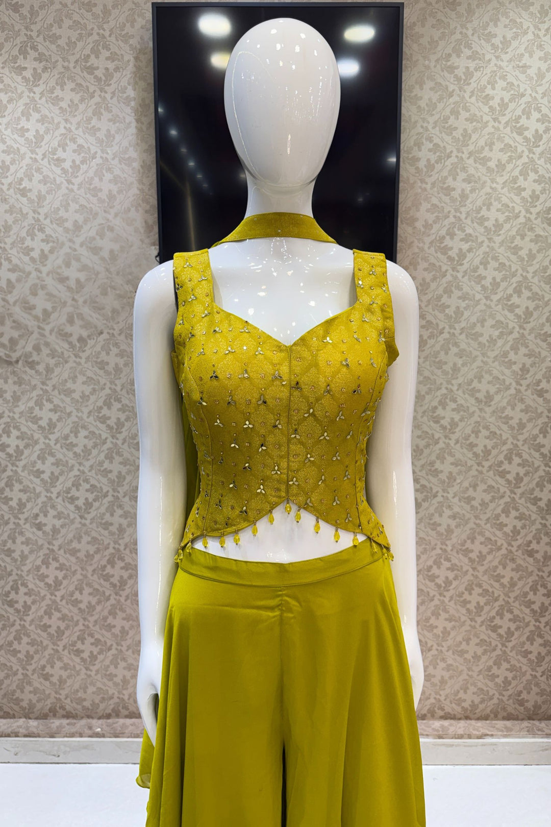 Liril Green Mirror, Stone and Banaras work Palazzo Suit Set