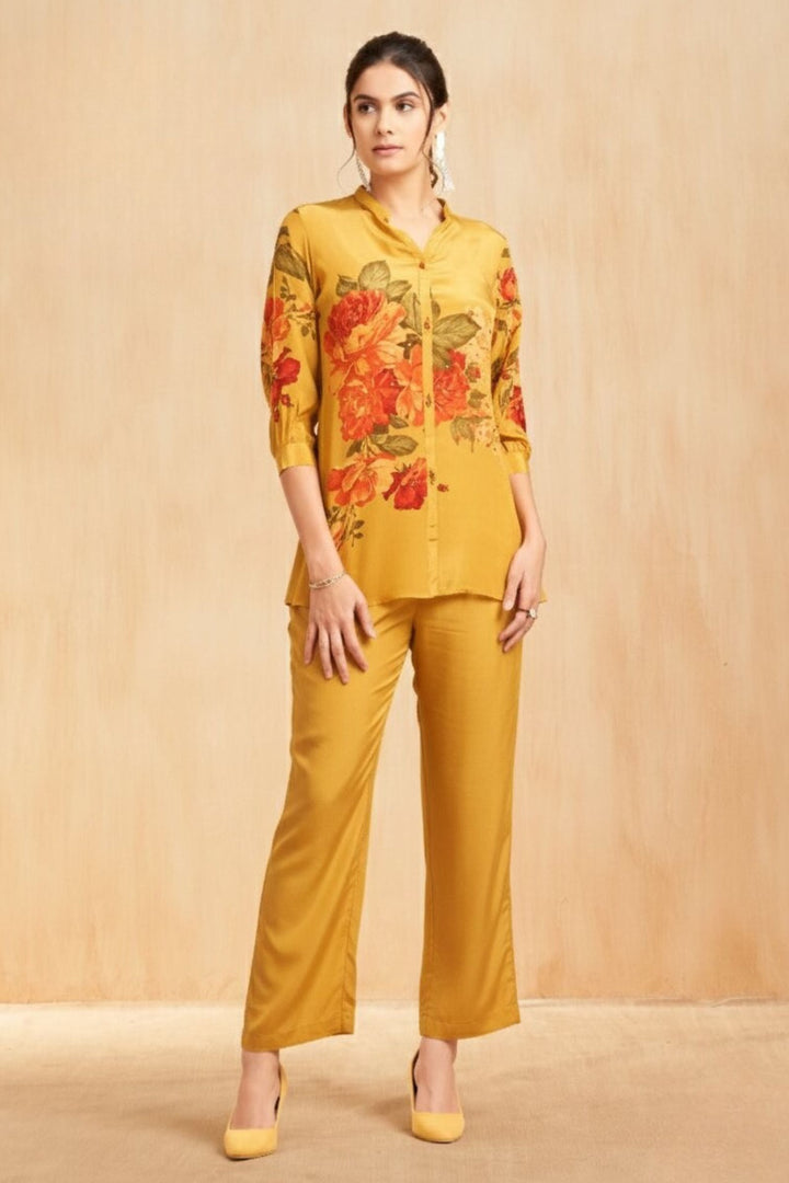 Mustard Sequins work with Floral Print Cord Set