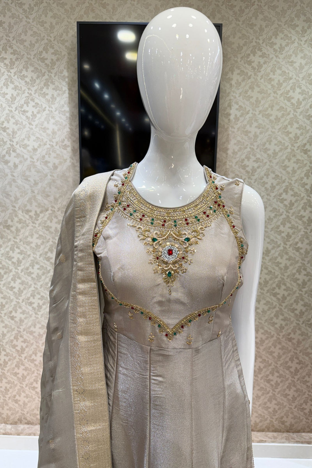 Silver Grey Zardozi, Beads and Sequins work Nyra Cut Salwar Suit with Palazzo Pant