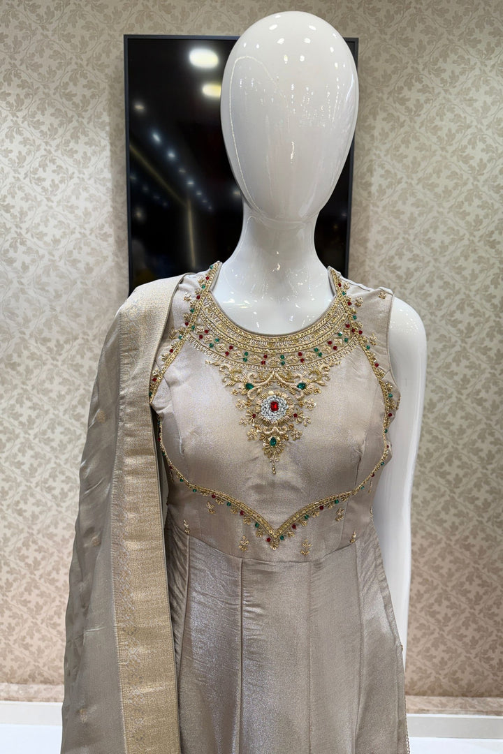 Silver Grey Zardozi, Beads and Sequins work Nyra Cut Salwar Suit with Palazzo Pant