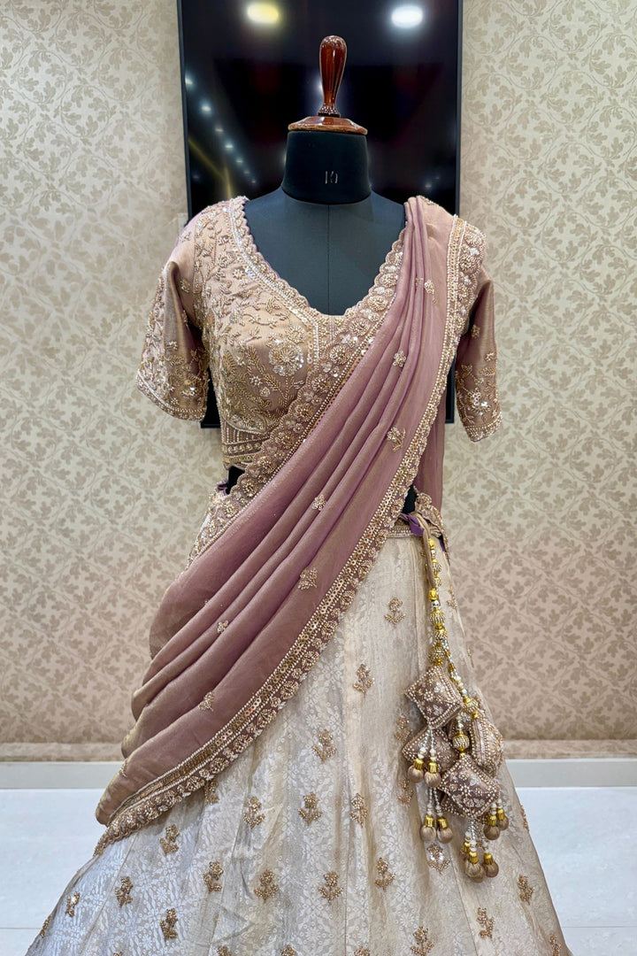 Cream with Lavender Sequins, Pearl, Beads and Zardozi work Crop Top Designer Bridal Lehenga