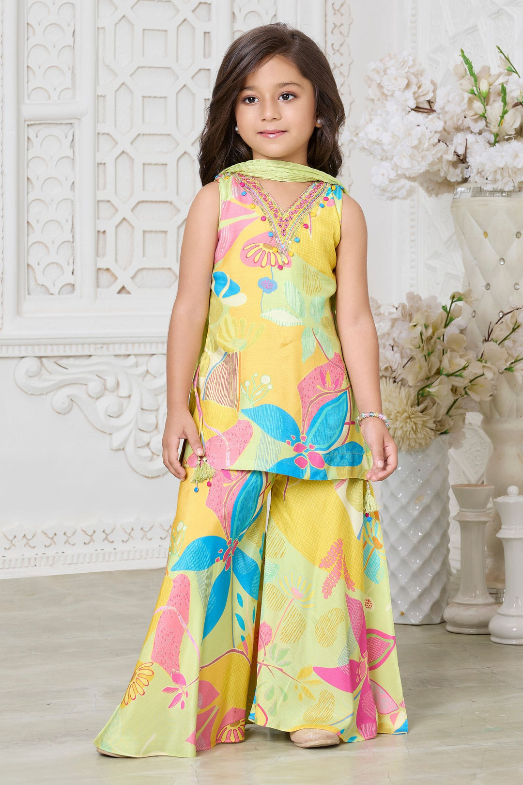 Multicolor Digital Print, Beads, Mirror and Sequins work Palazzo Set for Girls