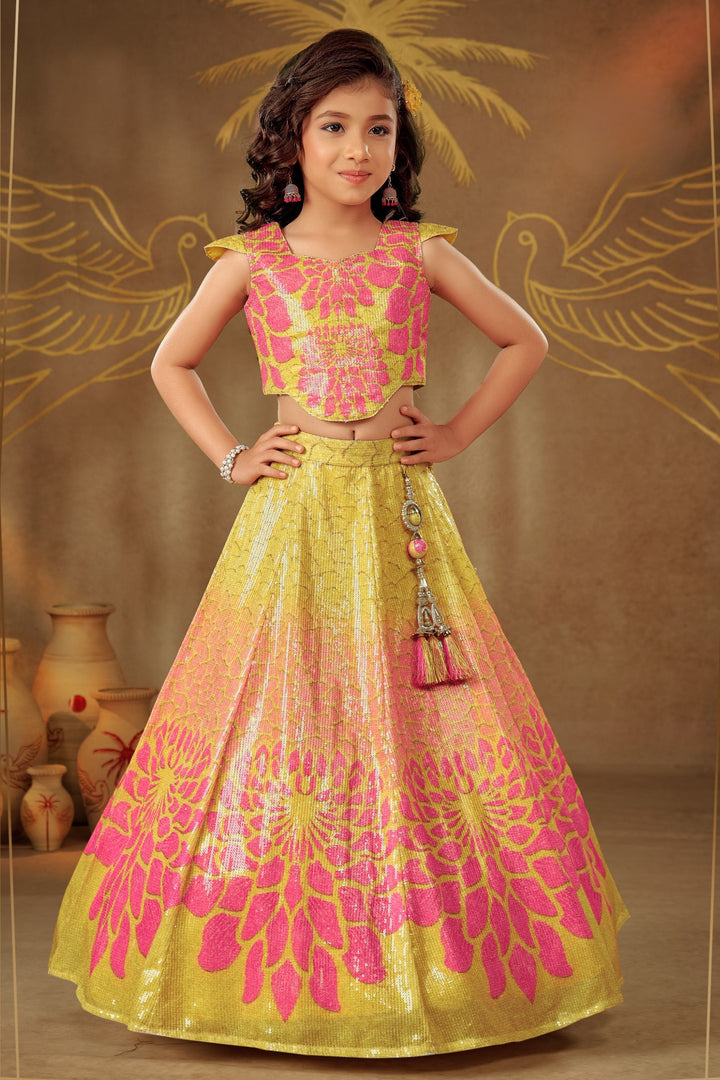 Yellow with Pink Digital Print, Sequins and Thread work Lehenga Choli for Girls