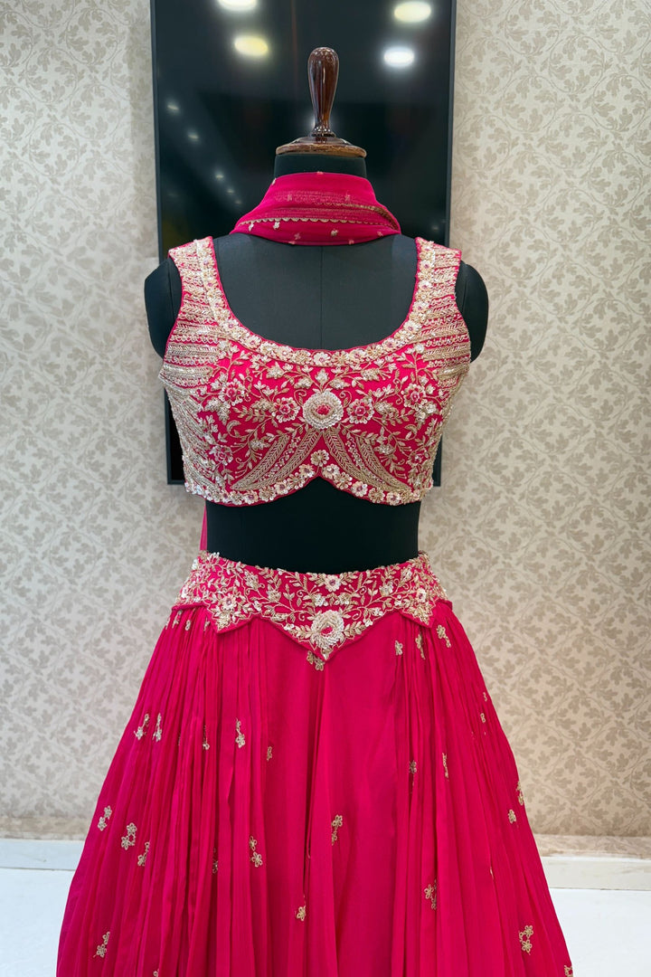 Rani Pink Sequins, Beads, Mirror, Zardozi and Zari work Crop Top Lehenga