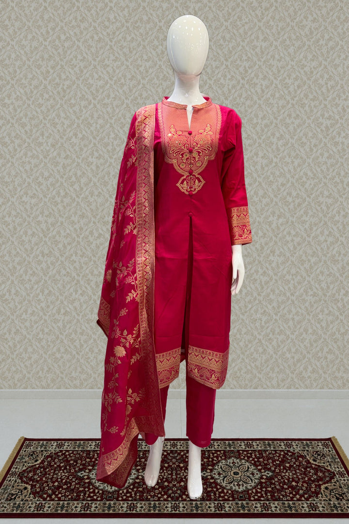 Rani Pink Straight Cut Salwar Suit with Stone, Mirror and Banaras work