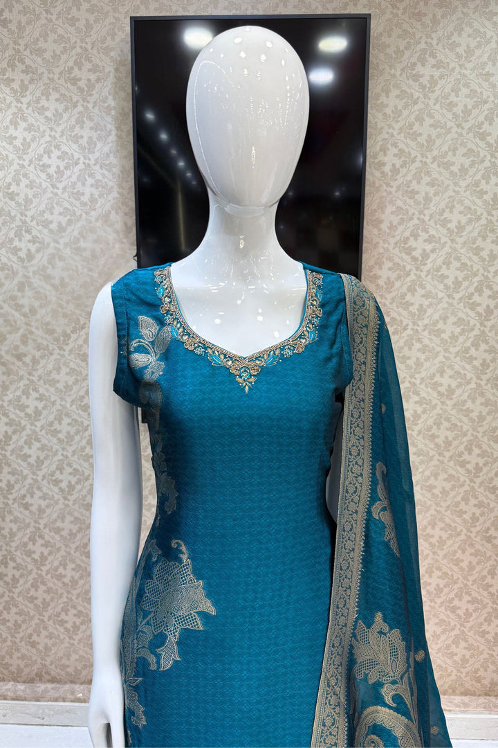 Peacock Green Banaras, Stone, Zardozi, Beads and Zari work Straight Cut Salwar Suit