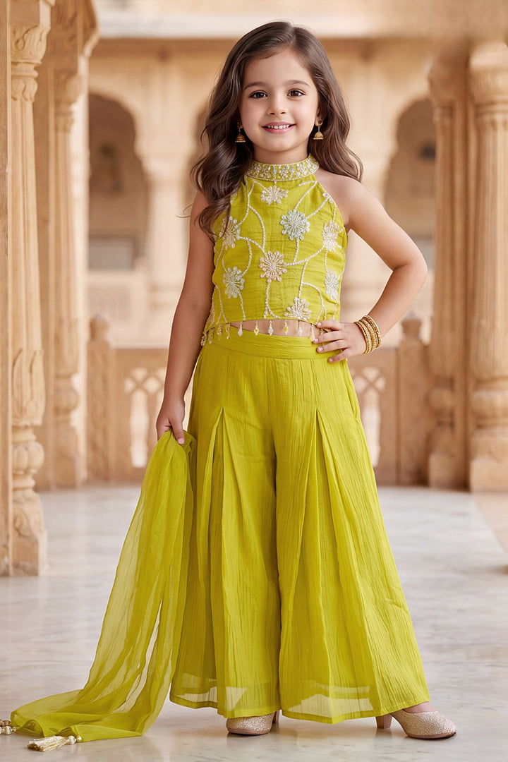 Lemon Green Thread and Sequins work Palazzo Set for Girls