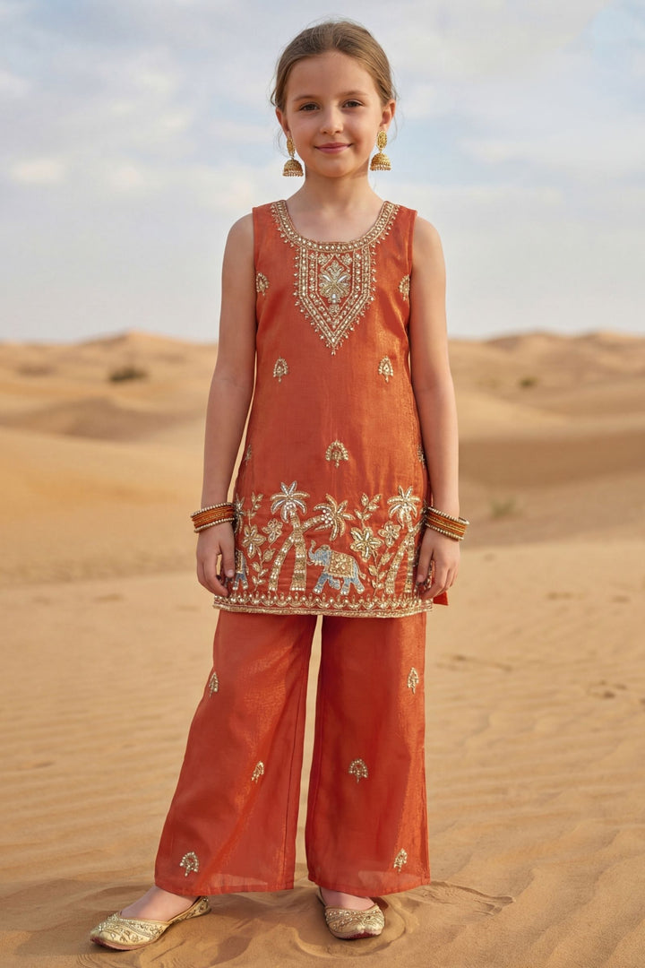 Orange Beads, Zari and Thread work Palazzo Suit Set for Girls